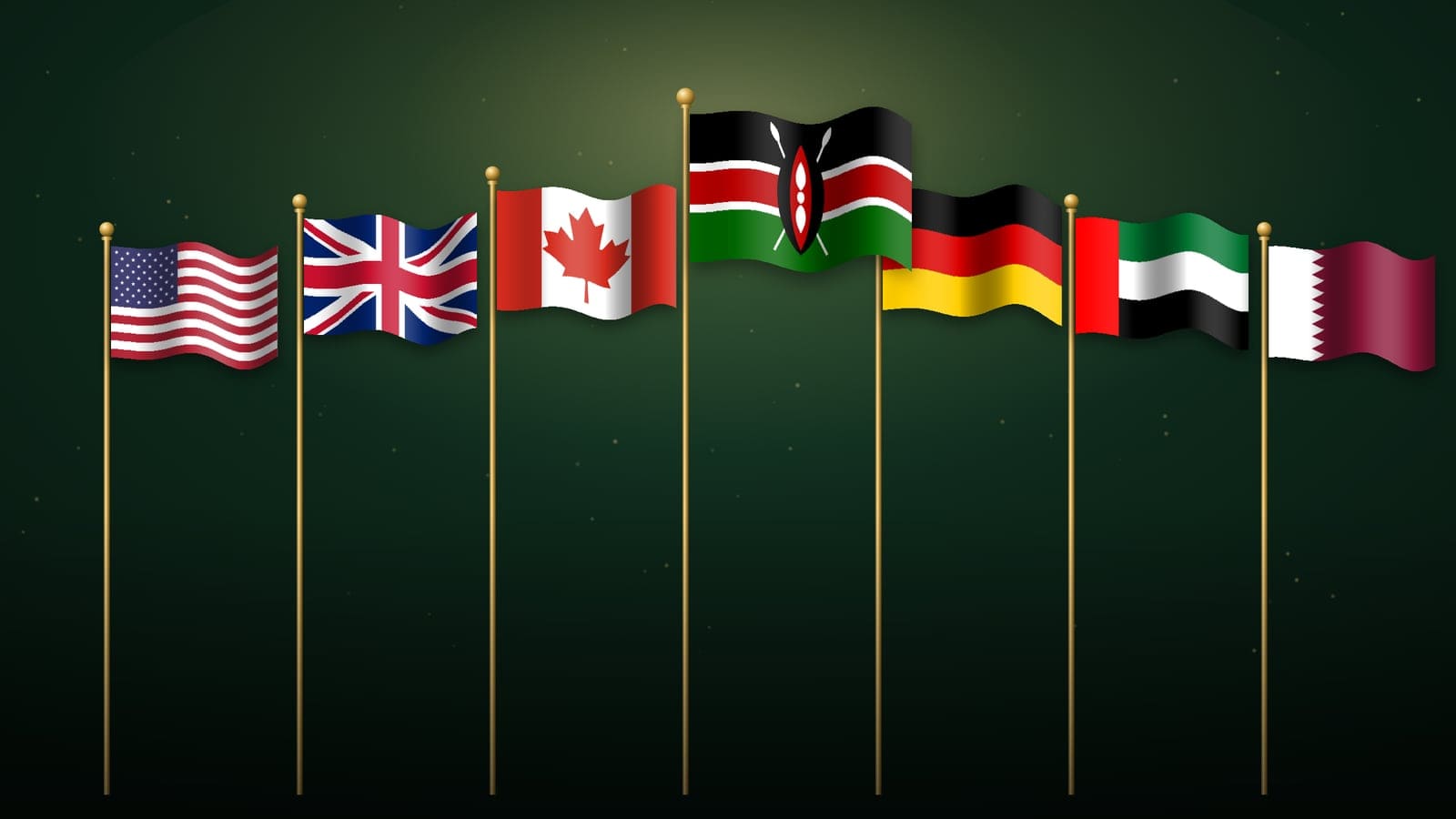 Flags of Kenya, the USA, the UK, Canada, Germany, the UAE and Qatar flying together